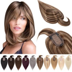 8” Hair Topper, Human Hair With Bangs Silk Base 150% Density Clip In